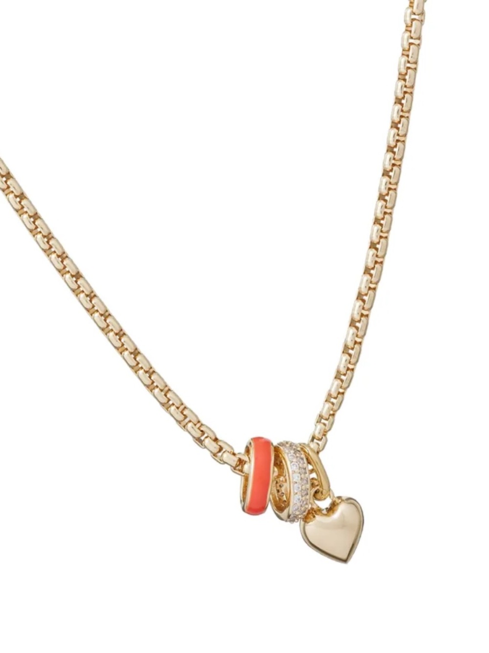 NWOT Roxanne Assoulin Gold Chain Necklace with Red Accent Rings and Heart Charm
